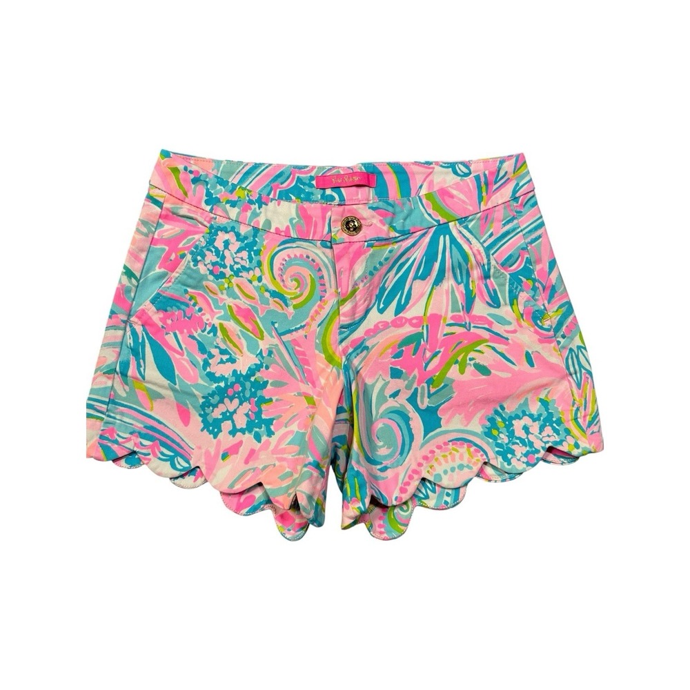 Lilly Pulitzer The Buttercup Teal and Pink Floral Scalloped Hem Shorts Size 2